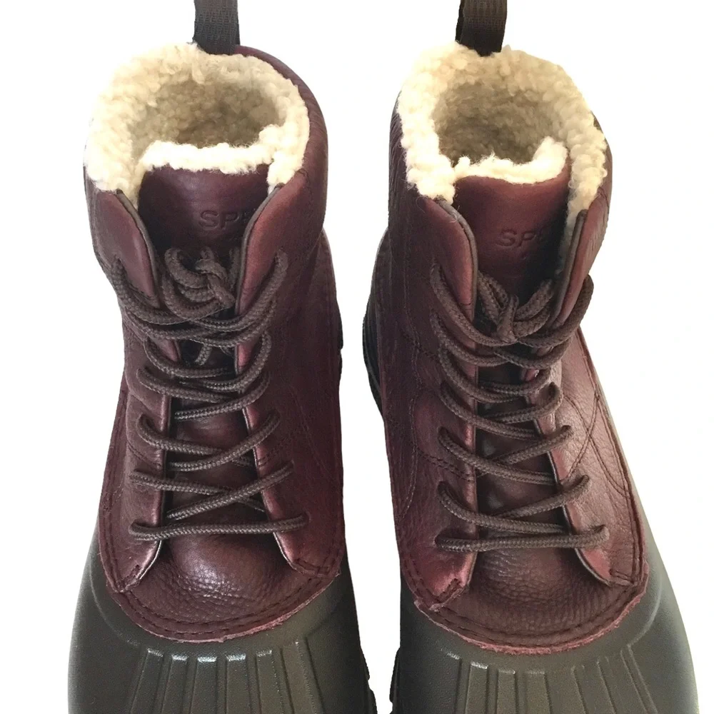🆕 Sperry Duck Boot Float Lined Leather Waterproof Lace-up Brown/Burgundy Size-12